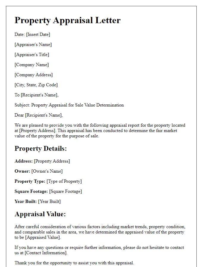 Letter template of property appraisal for sale value determination