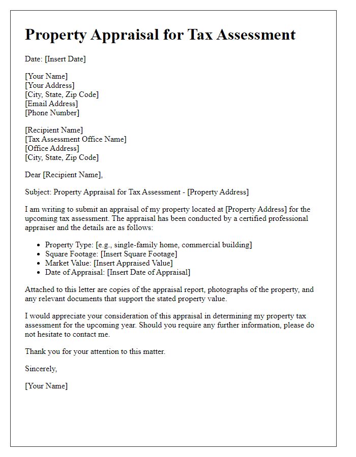 Letter template of property appraisal for tax assessment