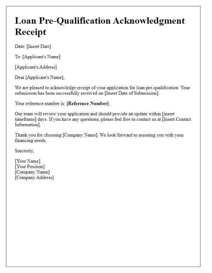 Letter template of loan pre-qualification acknowledgment receipt