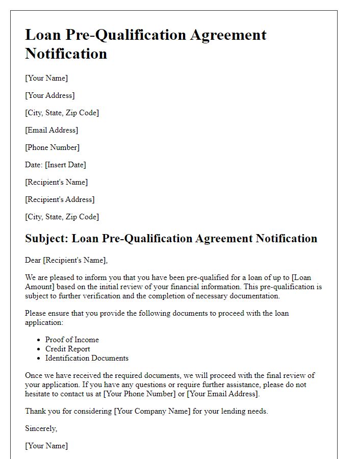 Letter template of loan pre-qualification agreement notification