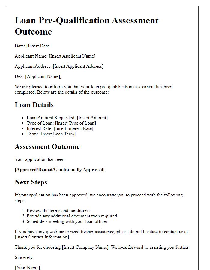 Letter template of loan pre-qualification assessment outcome