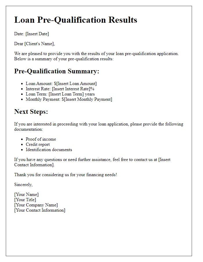 Letter template of loan pre-qualification results summary