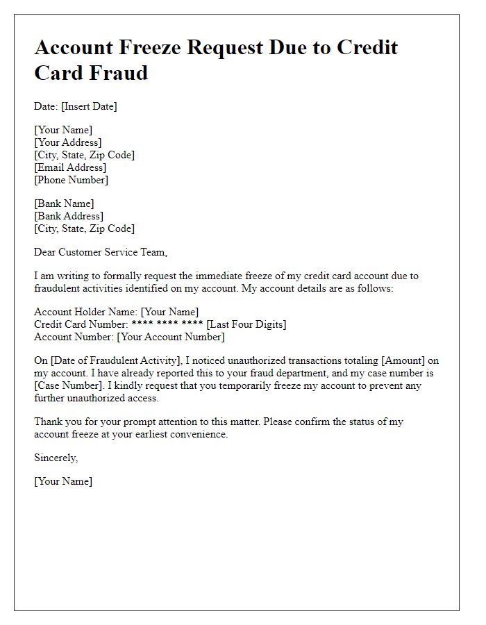 Letter template of credit card fraud account freeze request.