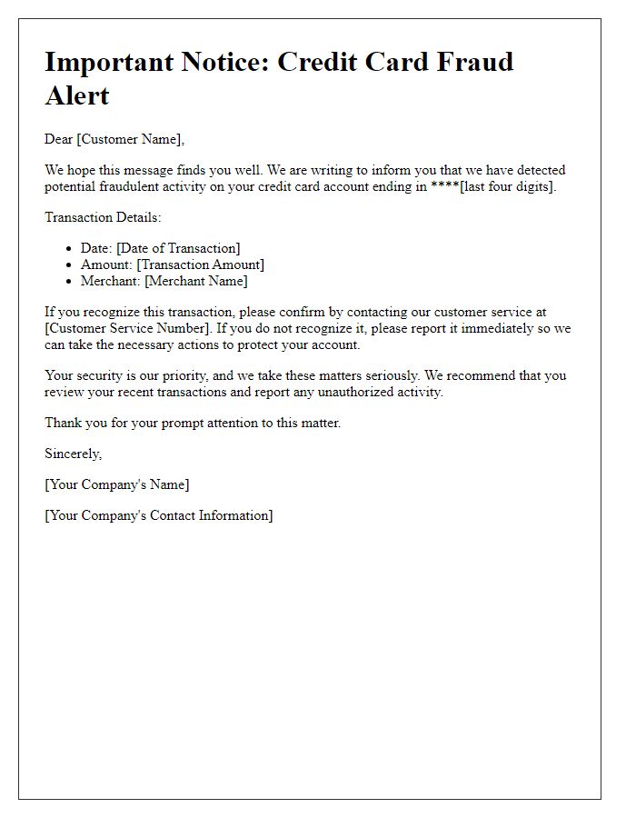 Letter template of credit card fraud alert to the customer.