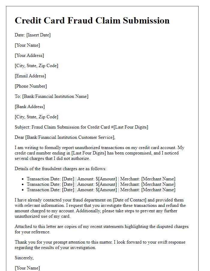 Letter template of credit card fraud claim submission.