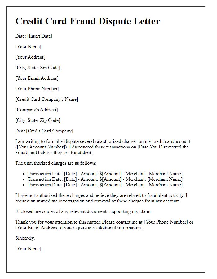 Letter template of credit card fraud dispute for unauthorized charges.