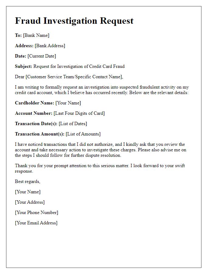 Letter template of credit card fraud investigation request.