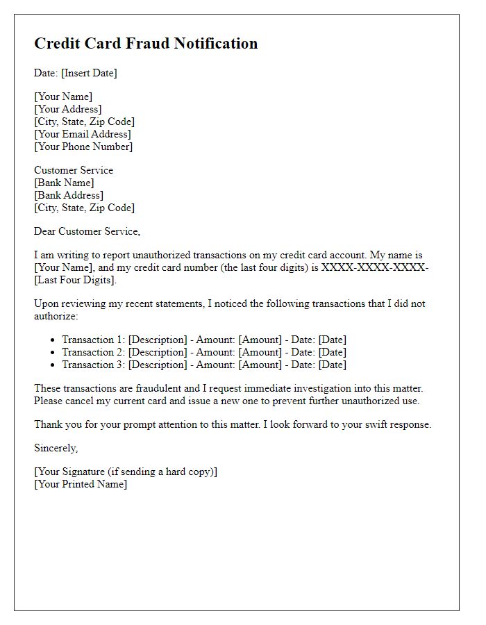 Letter template of credit card fraud notification to the bank.