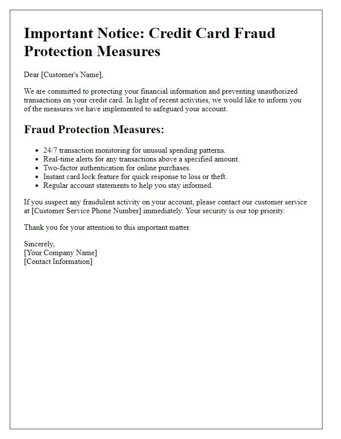 Letter template of credit card fraud protection measures notice.