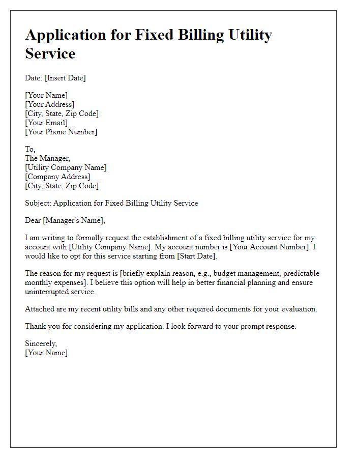 Letter template of Application for Fixed Billing Utility Service