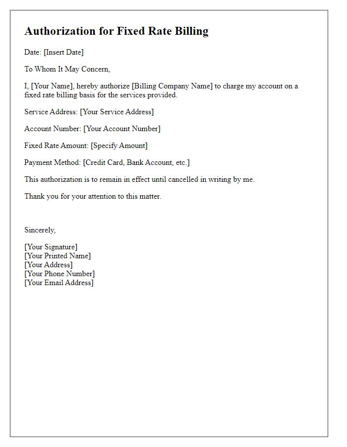 Letter template of Authorization for Fixed Rate Billing