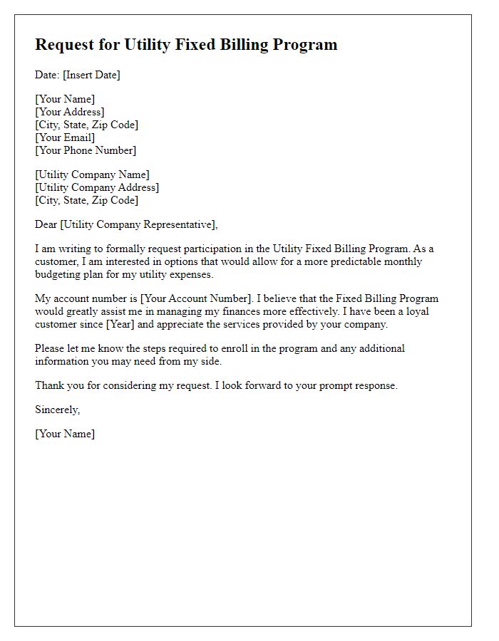 Letter template of Request for Utility Fixed Billing Program