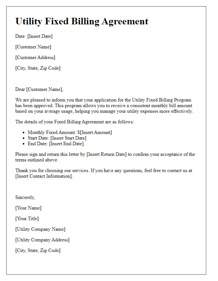 Letter template of Utility Fixed Billing Agreement