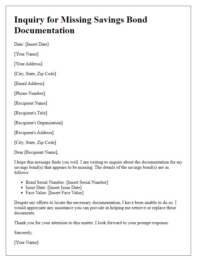 Letter template of inquiry for missing savings bond documentation