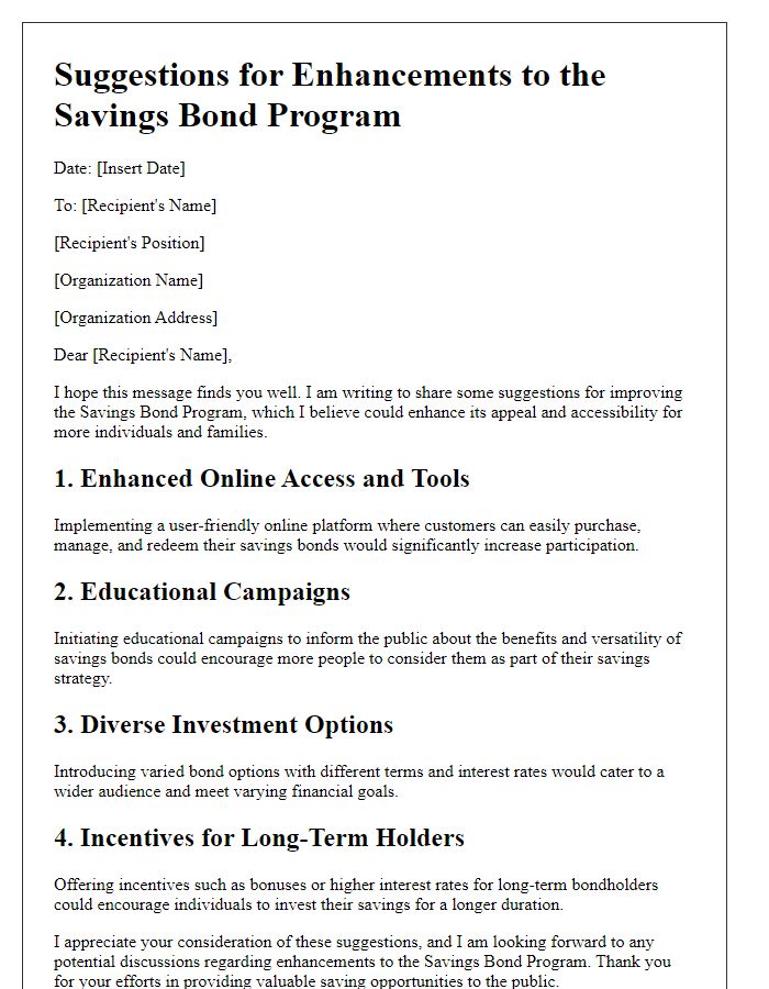 Letter template of suggestion for savings bond program improvements