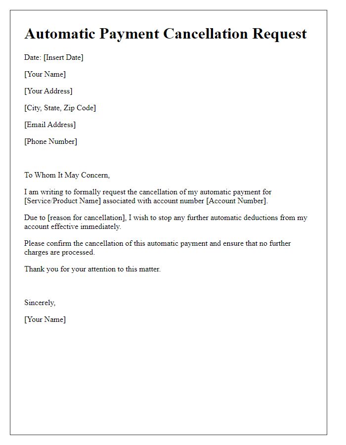 Letter template of automatic payment cancellation request