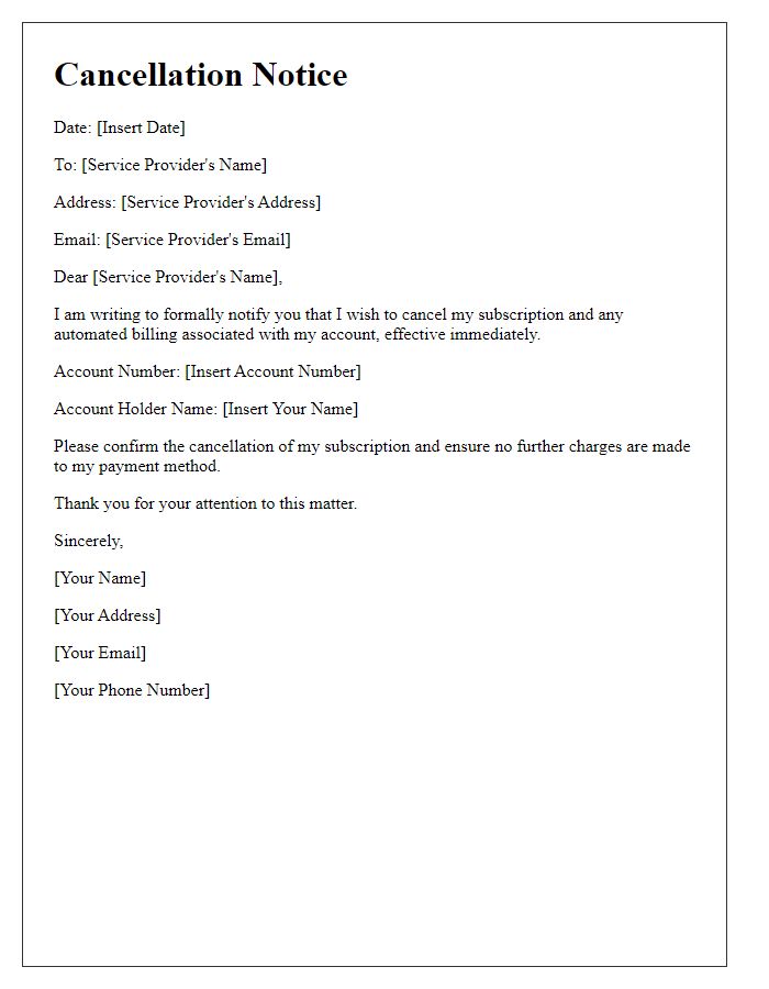 Letter template of cancellation notice for automated billing