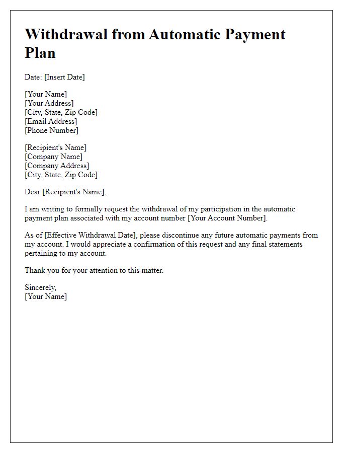 Letter template of withdrawal from automatic payment plan