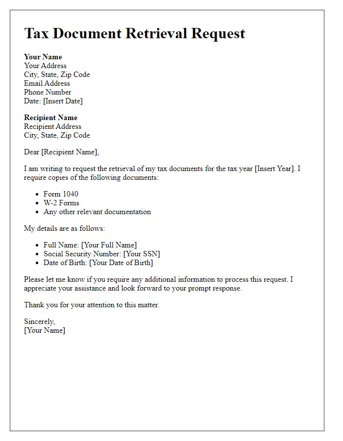 Letter template of tax document retrieval request