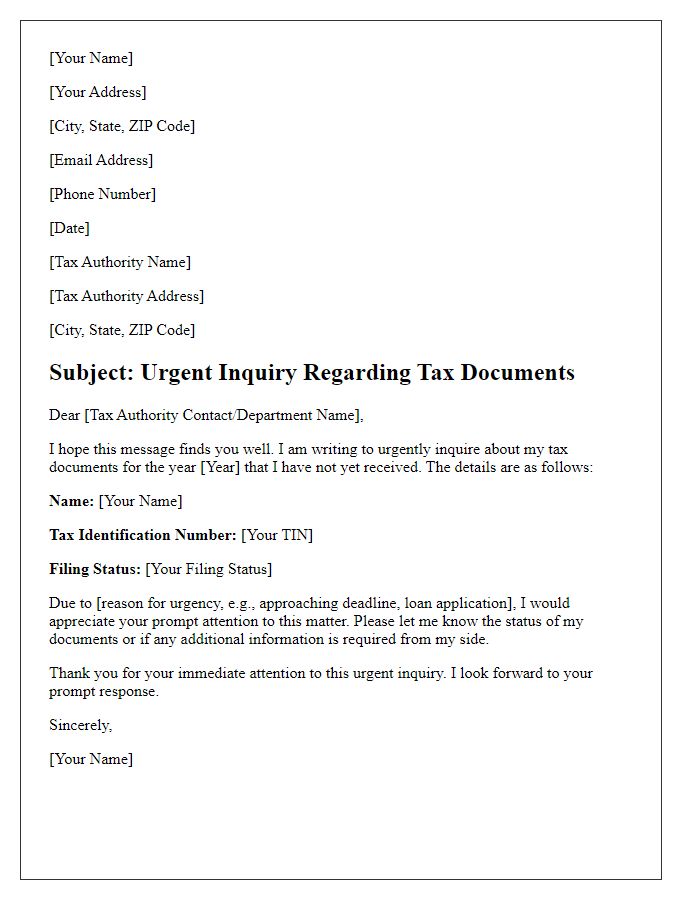 Letter template of urgent tax document inquiry