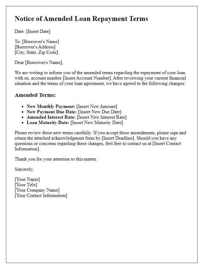 Letter template of amended loan repayment terms