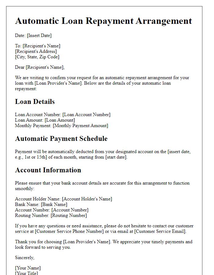 Letter template of automatic loan repayment arrangement