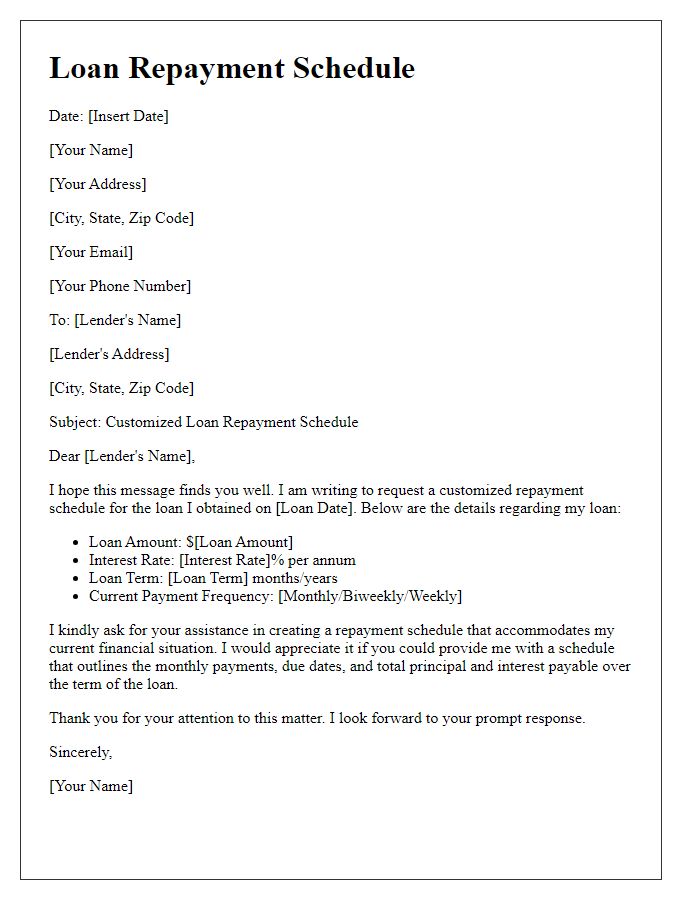 Letter template of customized loan repayment schedule