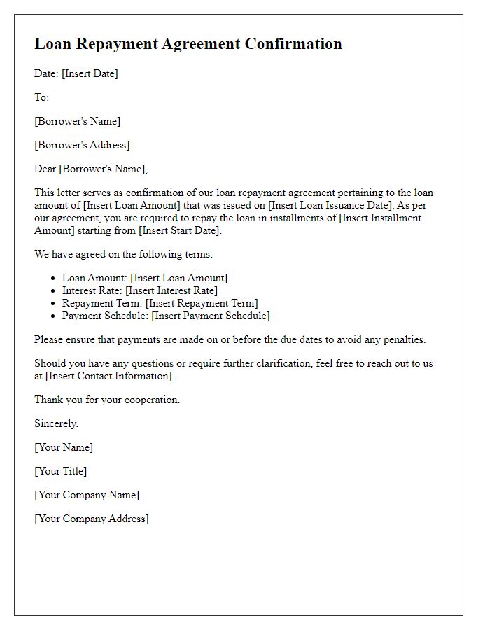 Letter template of loan repayment agreement confirmation