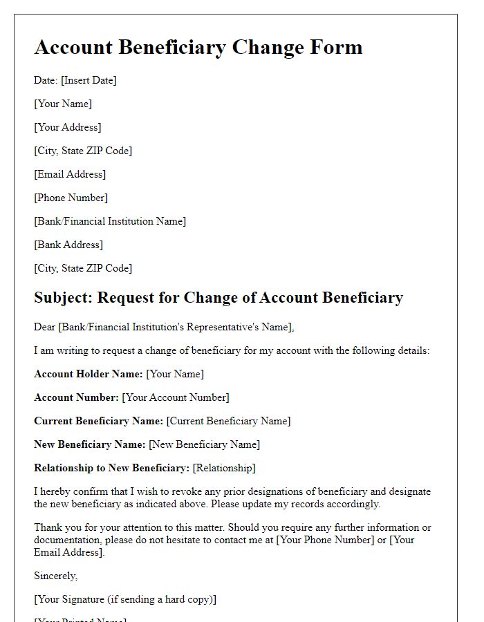 Letter template of account beneficiary change form