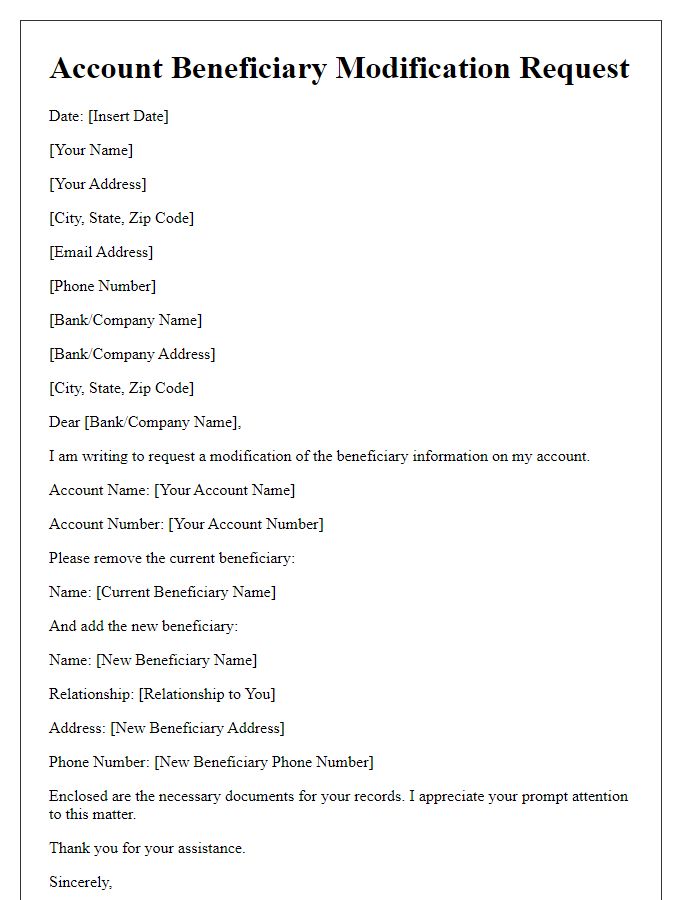 Letter template of account beneficiary modification request