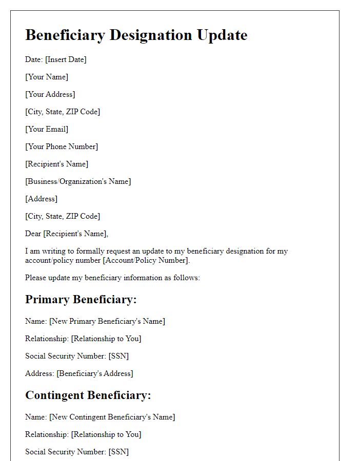 Letter template of beneficiary designation update