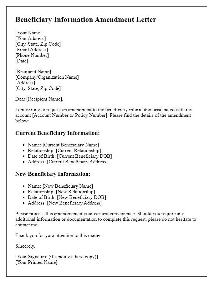 Letter template of beneficiary information amendment