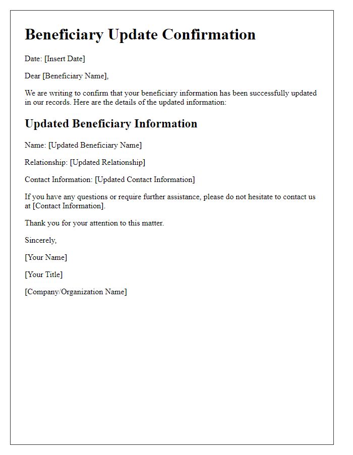 Letter template of beneficiary update confirmation