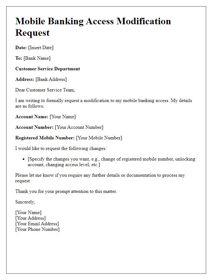 Letter template of mobile banking access request for access modification