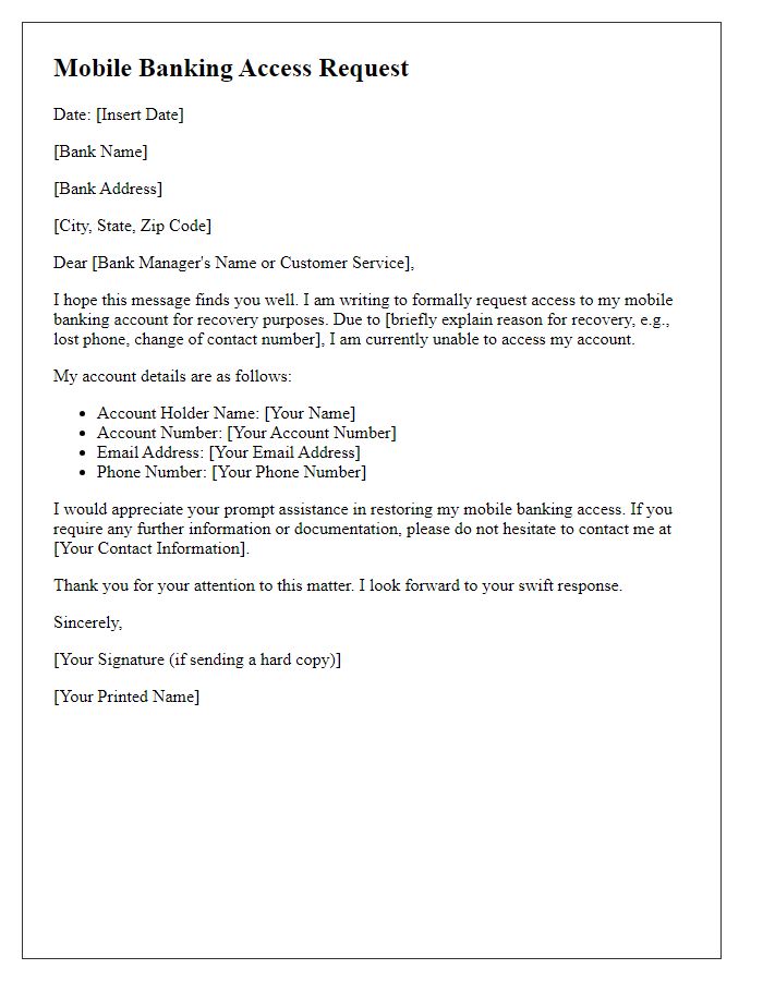 Letter template of mobile banking access request for account recovery