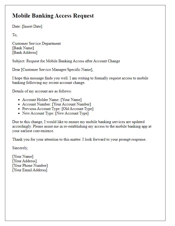 Letter template of mobile banking access request after account change