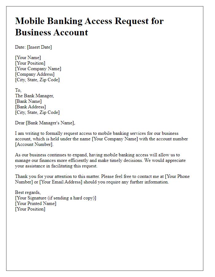 Letter template of mobile banking access request for business account