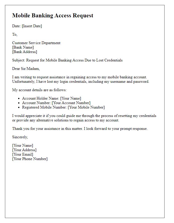 Letter template of mobile banking access request due to lost credentials