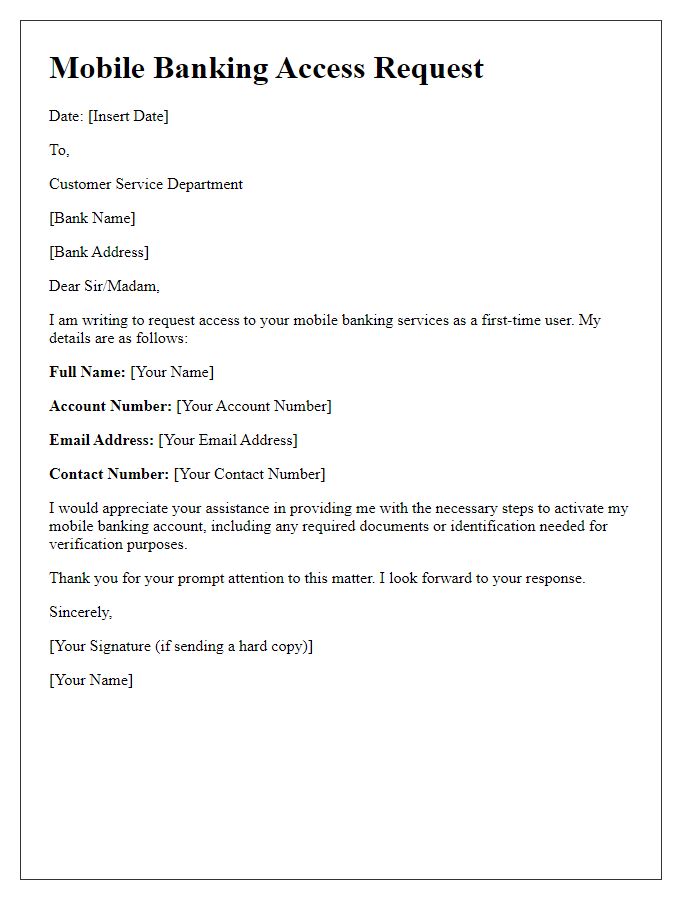 Letter template of mobile banking access request for first-time users