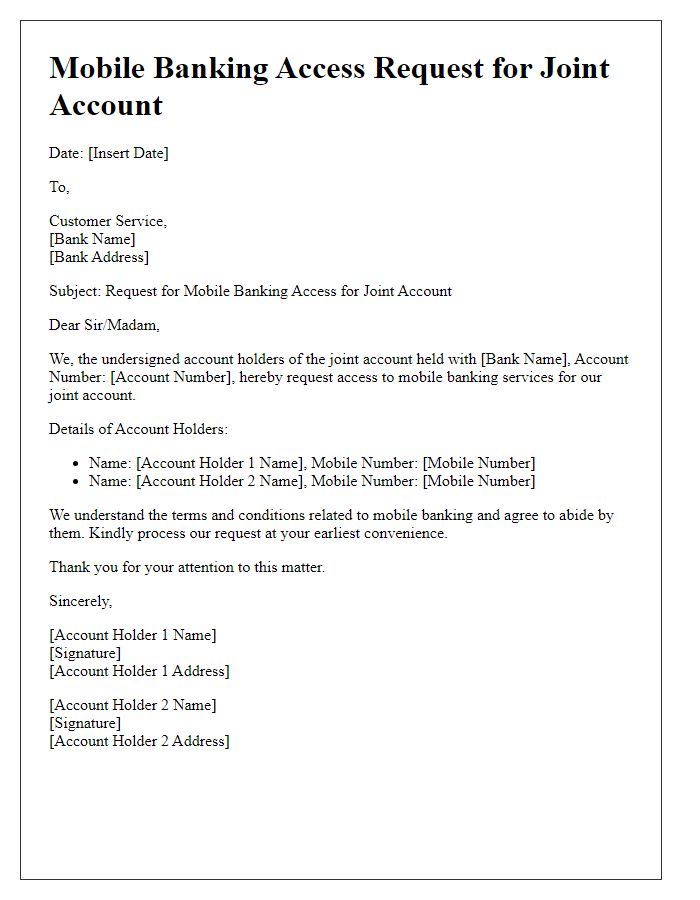 Letter template of mobile banking access request for joint account