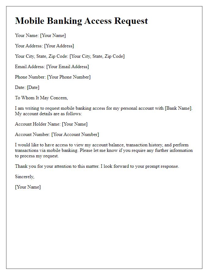 Letter template of mobile banking access request for personal account