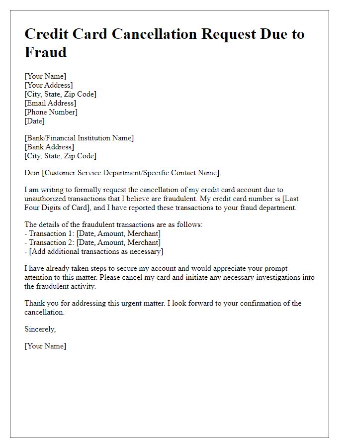 Letter template of Credit Card Cancellation Request Due to Fraud