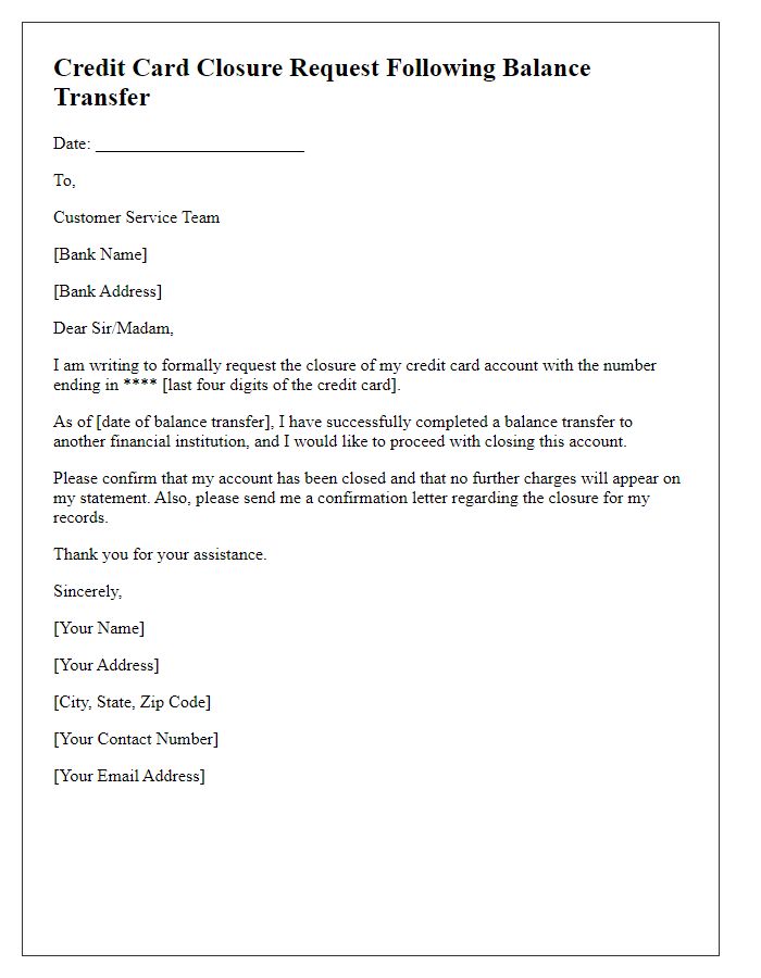 Letter template of Credit Card Closure Request Following Balance Transfer