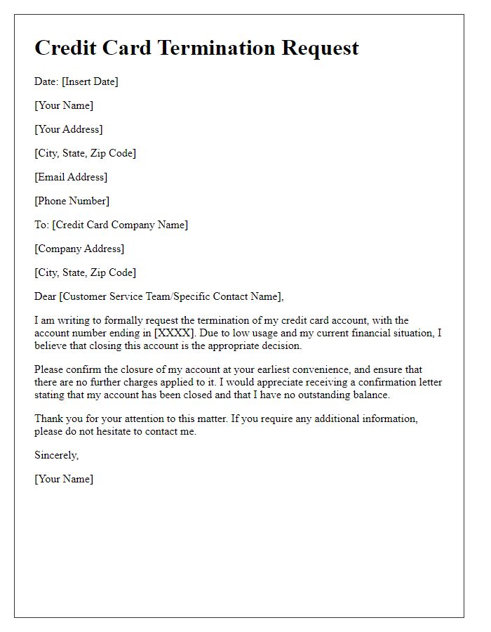 Letter template of Credit Card Termination Request for Low Usage