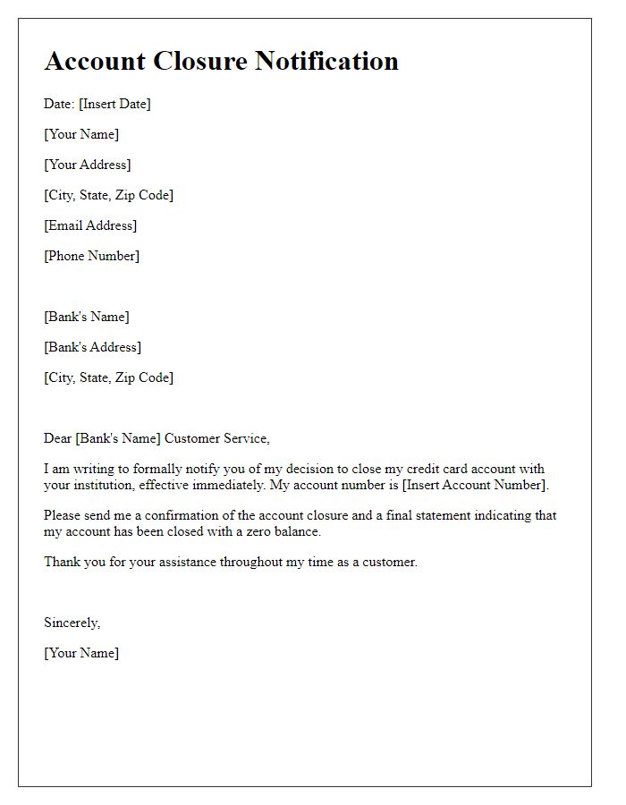 Letter template of Formal Credit Card Account Closure Notification