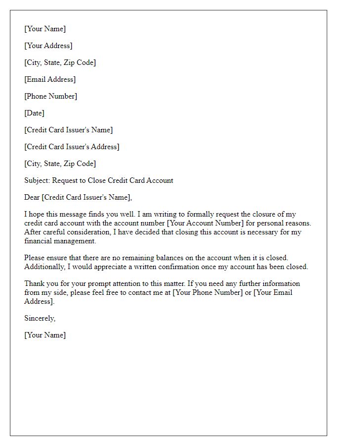 Letter template of Request to Close Credit Card Account for Personal Reasons