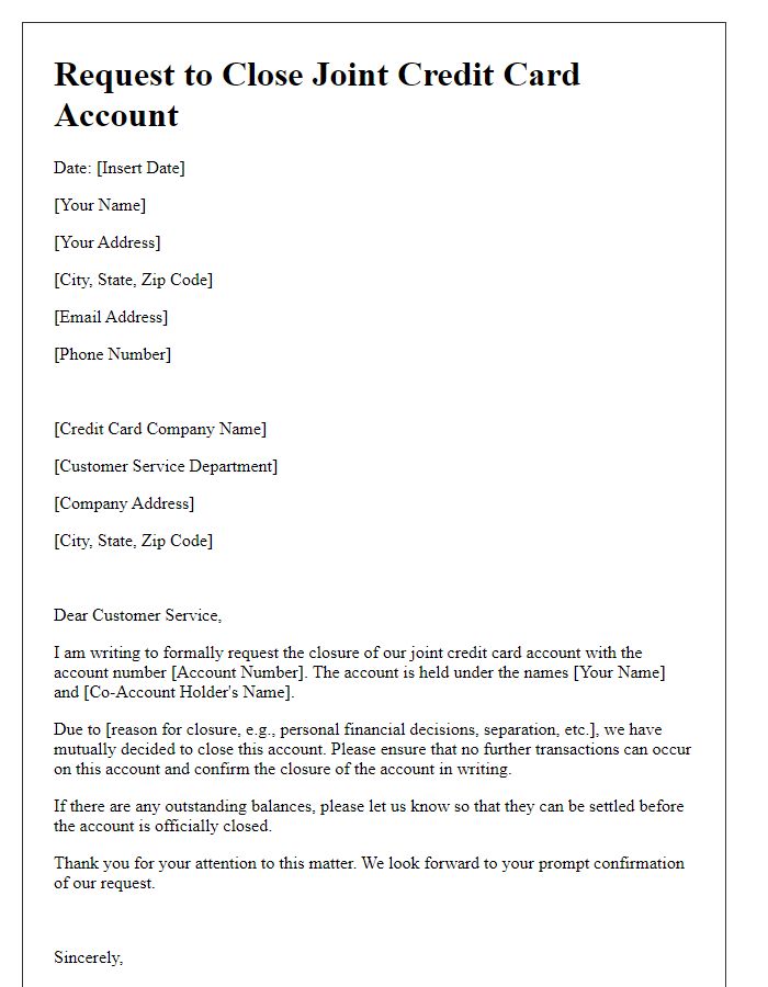 Letter template of Request to Close Joint Credit Card Account