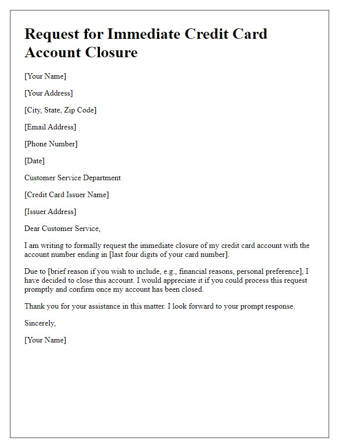 Letter template of Request for Immediate Credit Card Account Closure