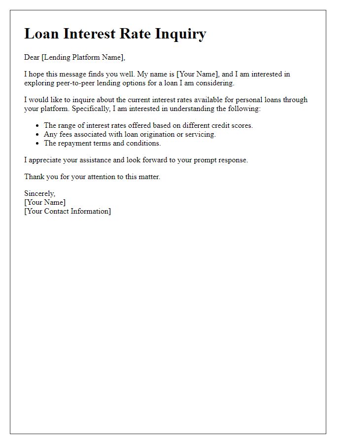 Letter template of loan interest rate inquiry for peer-to-peer lending options