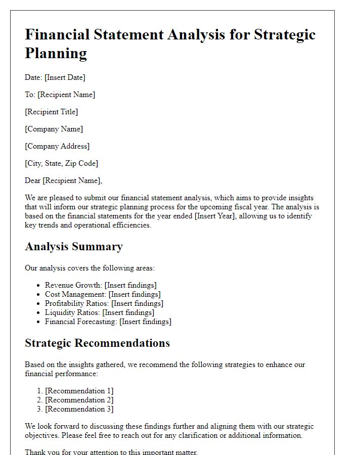 Letter template of financial statement analysis for strategic planning